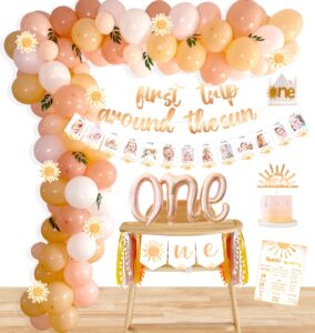 first trip around the sun birthday decorations, boho sun 1st birthday decoration, you are my sunshine party supplies, muted sun dessert table backdrop for 1st birthday girl, sun theme 1st birthday
