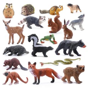 sienon 18pcs forest animals figures toys, baby woodland animals figurines, miniature animals toys with owl, hedgehog, fox, squirrels, bears, monkey for woodland theme cake toppers cupcake toppers