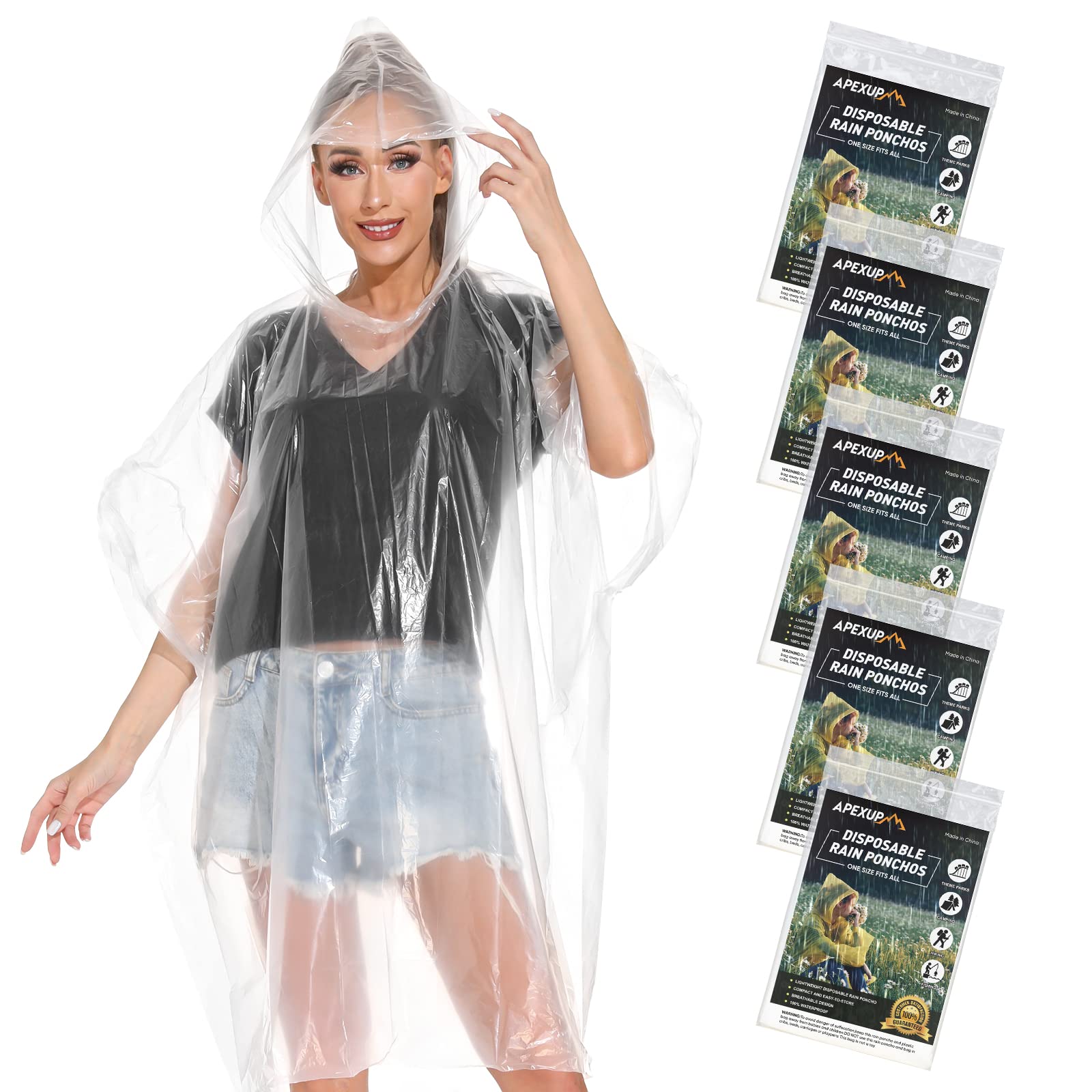 APEXUP Emergency Disposable Rain Ponchos for Adults for Camping Hiking Travelling (5 Pack)