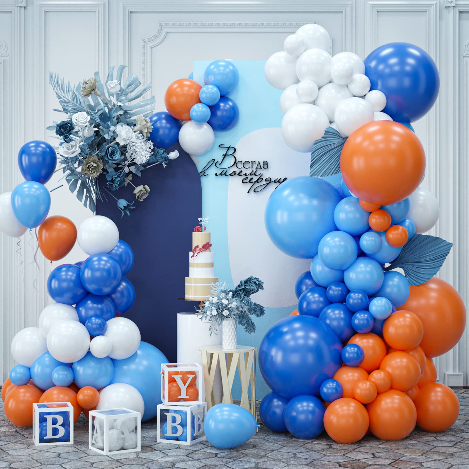 Blue Balloons Garland Kit, Blue and Orange Balloon Arch Kit with White Balloons, Latex Balloons Party Balloons for Birthday Decorations Wedding Baby Shower Engagement Graduation Decorations Party