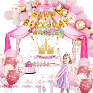 greparpy princess party decorations - princess birthday decorations include balloon arch, banner, backdrop, tablecloth, tulle, crown, wand, sash, cake topper, girls princess birthday party supplies