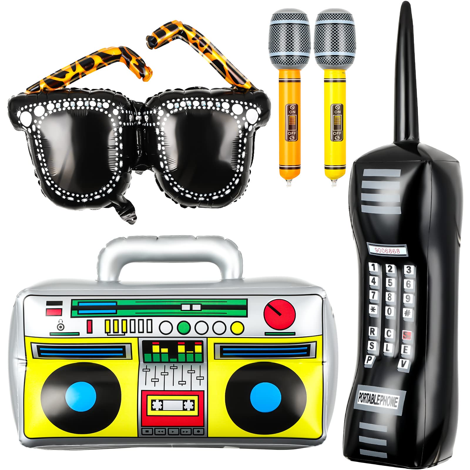 5 Pack 90s 80s Inflatable Radio Boombox Inflatable Microphones Inflatable Mobile Phone Inflatable Glasses 80s 90s Theme Party Decorations Props for 90s 80s Hip Hop Theme Disco Birthday Party