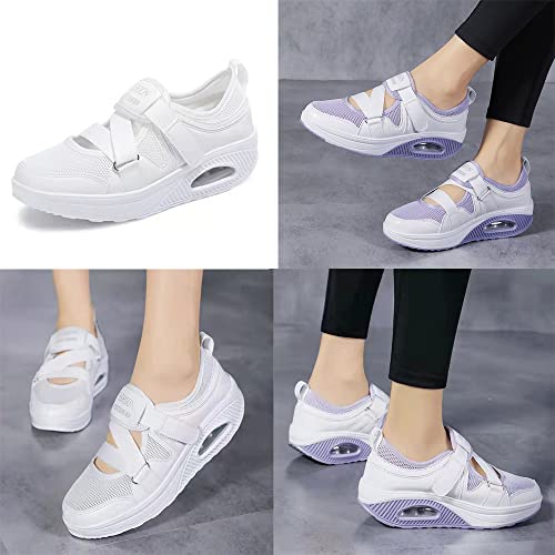 JITUUE Women's Comfort Shoes Adjustable Breathable Air Cushioned Insoles Wedges Slip-on Sport Walking Sneakers Fitness Casual Shoes with Eyelets(White,US 7