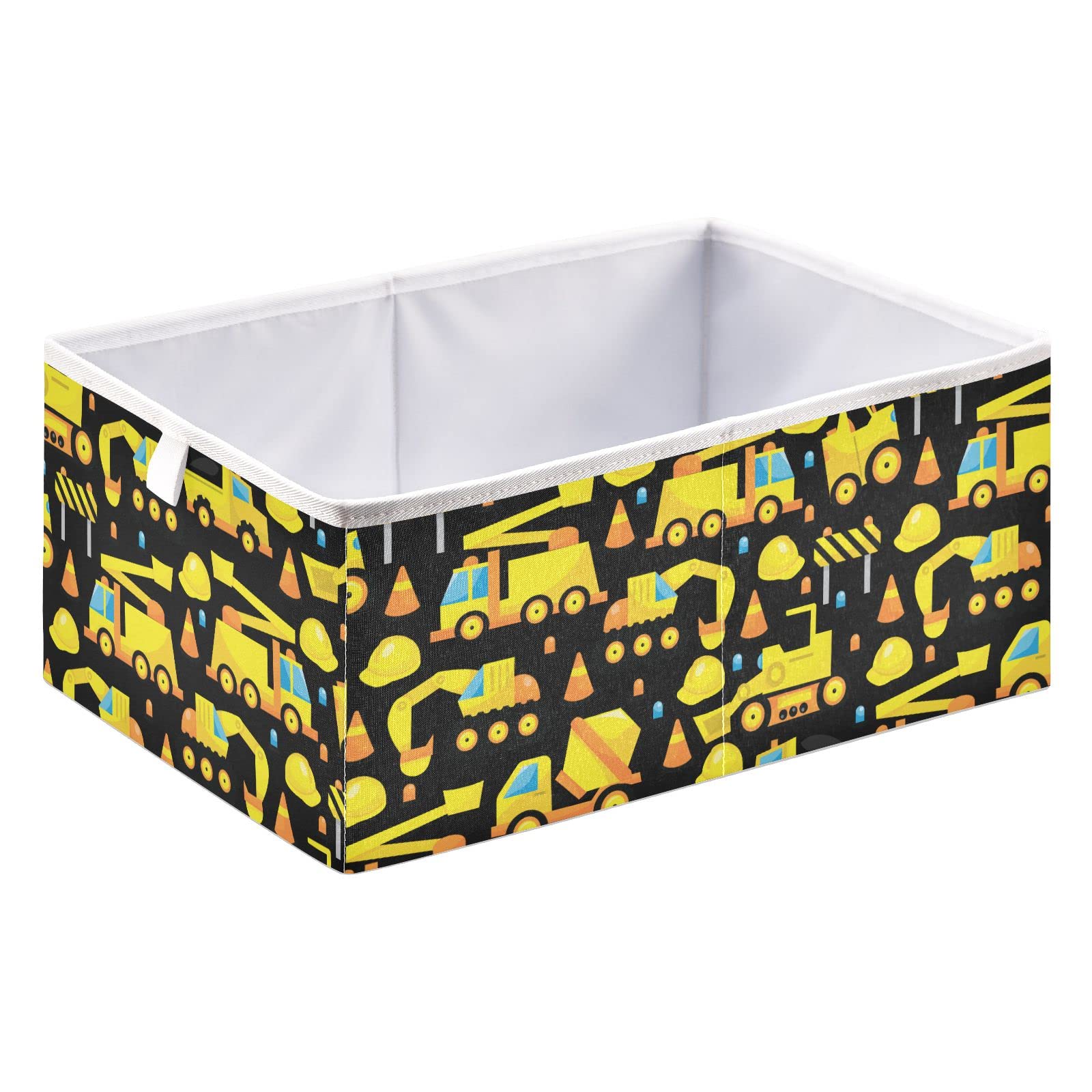 Ollabaky Construction Trucks Yellow Cube Storage Bin, Foldable Fabric Storage Cube Basket Cloth Organizer Box with Handle for Closet Shelves, Nursery Storage Toy Bin - R