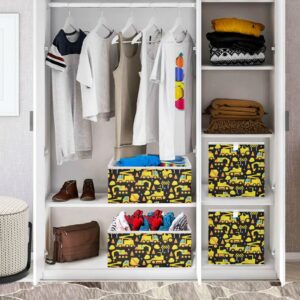 Ollabaky Construction Trucks Yellow Cube Storage Bin, Foldable Fabric Storage Cube Basket Cloth Organizer Box with Handle for Closet Shelves, Nursery Storage Toy Bin - R