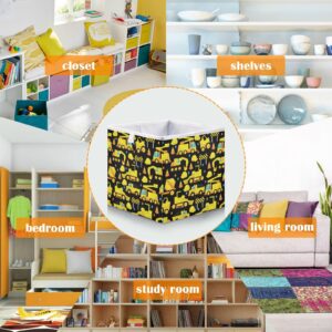 Ollabaky Construction Trucks Yellow Cube Storage Bin, Foldable Fabric Storage Cube Basket Cloth Organizer Box with Handle for Closet Shelves, Nursery Storage Toy Bin - R