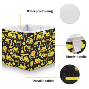 Ollabaky Construction Trucks Yellow Cube Storage Bin, Foldable Fabric Storage Cube Basket Cloth Organizer Box with Handle for Closet Shelves, Nursery Storage Toy Bin - R