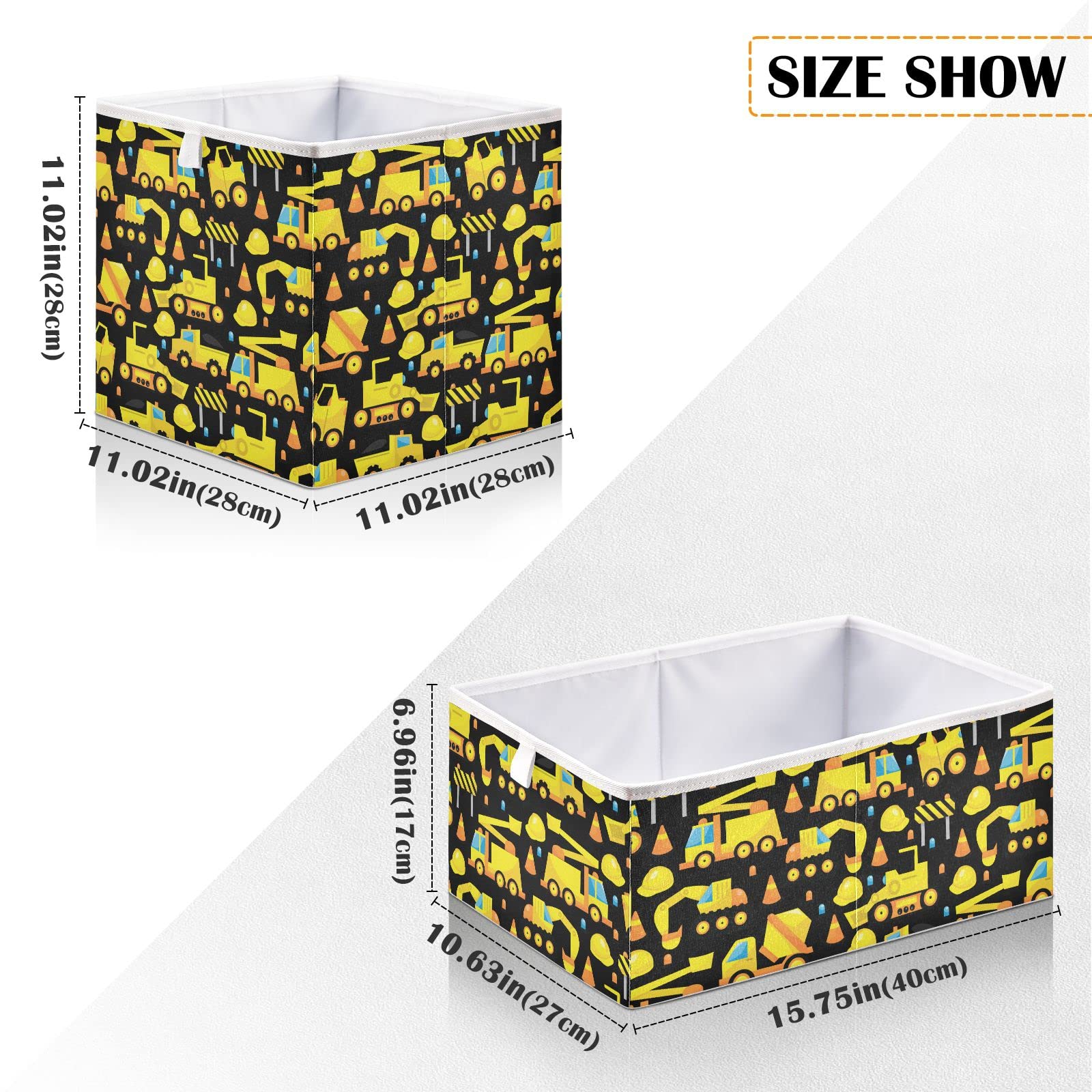 Ollabaky Construction Trucks Yellow Cube Storage Bin, Foldable Fabric Storage Cube Basket Cloth Organizer Box with Handle for Closet Shelves, Nursery Storage Toy Bin - R