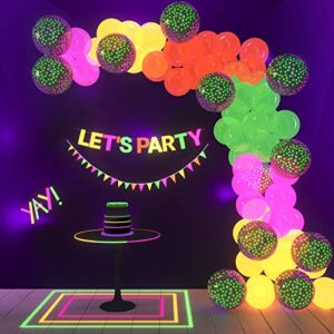 house of party neon balloon arch – uv glow neon balloons with let's party neon banner, black light glow in the dark balloons, neon party decorations