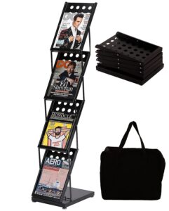wertirung brochure magazine catalog literature display, literature catalog rack with carrying bag, foldable magazine stand for office retail store and exhibition trade show, 4 pockets (black)