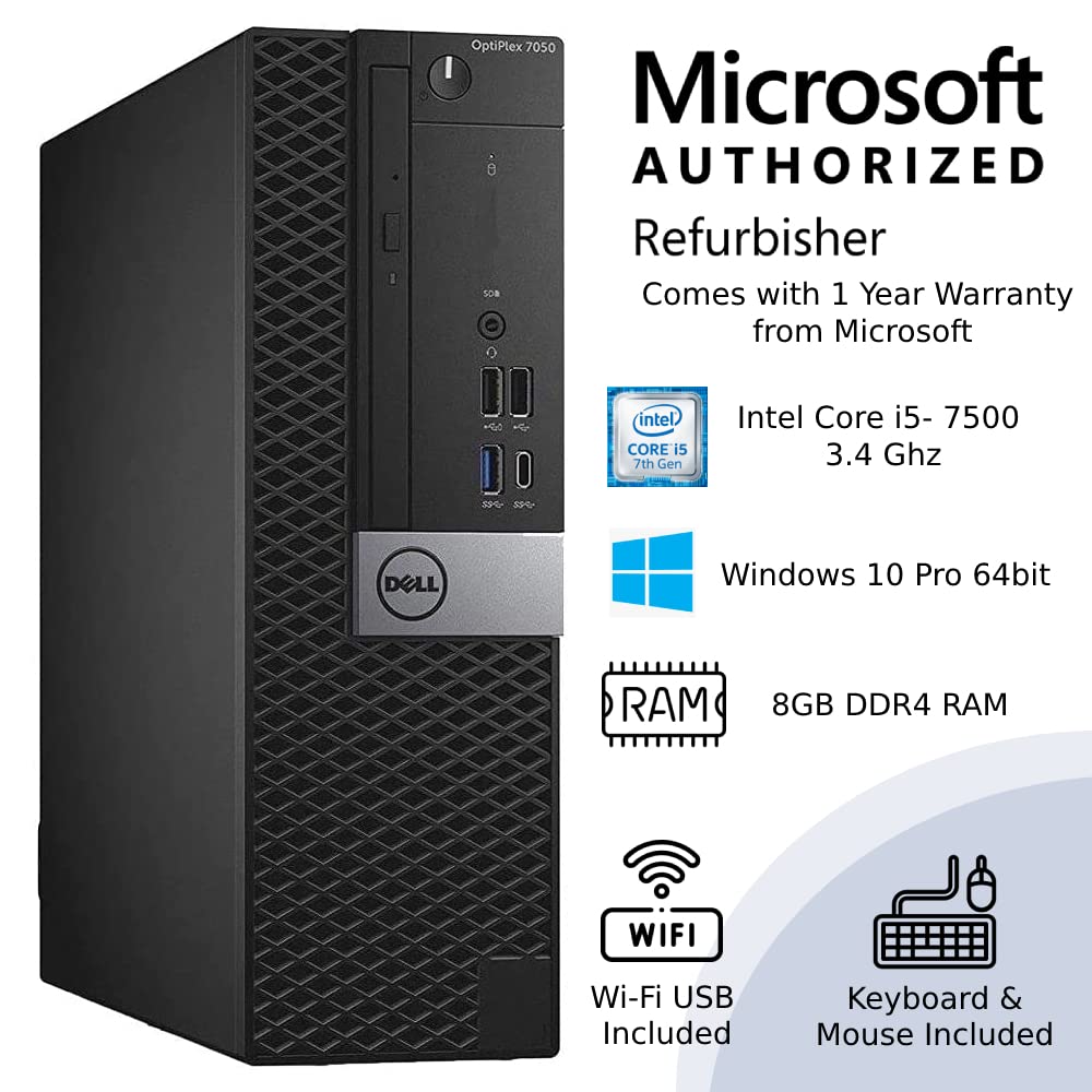 Dell Optiplex 7050 SFF Desktop Computer, Intel Core i5-7500 3.4Ghz, 8GB DDR4, 500GB SSD, Dual Display Support, WiFi, DisplayPort, HDMI, Windows 10 Pro 64 Bit, w/Keyboard & Mouse (Renewed)