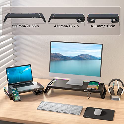 MOOJAY Monitor Stand Riser for Desk RGB Gaming Lights with USB 3.0 & 2.0 Hub, Foldable Computer Monitor Stand with Storage Drawer, Phone Holder, Desk Organizer and Pen Tray for PC/iMac