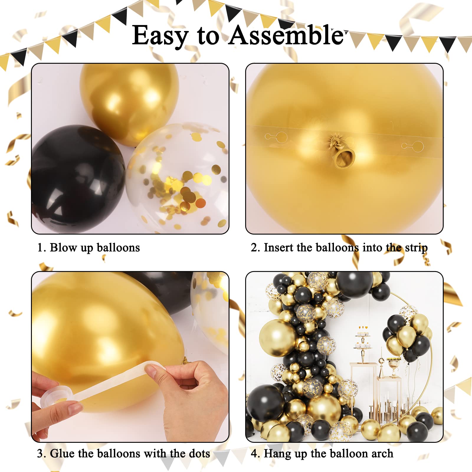 RUBFAC 130pcs Black and Gold Balloons, Balloons Garland Arch Kit, Black Metal Gold and Metallic Confetti Gold Balloons for Graduation Party Baby Shower Wedding Birthday Anniversary