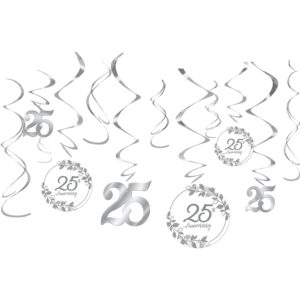 happy 25th anniversary silver foil hanging swirl decorations (pack of 12) - 5" & 7" - stunning design - perfect table decoration for themed events, parties, special occasions, & more