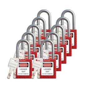 boviisky 10 red lockout tagout locks set, loto locks keyed different, 2 keys per lock, osha compliant lockout locks