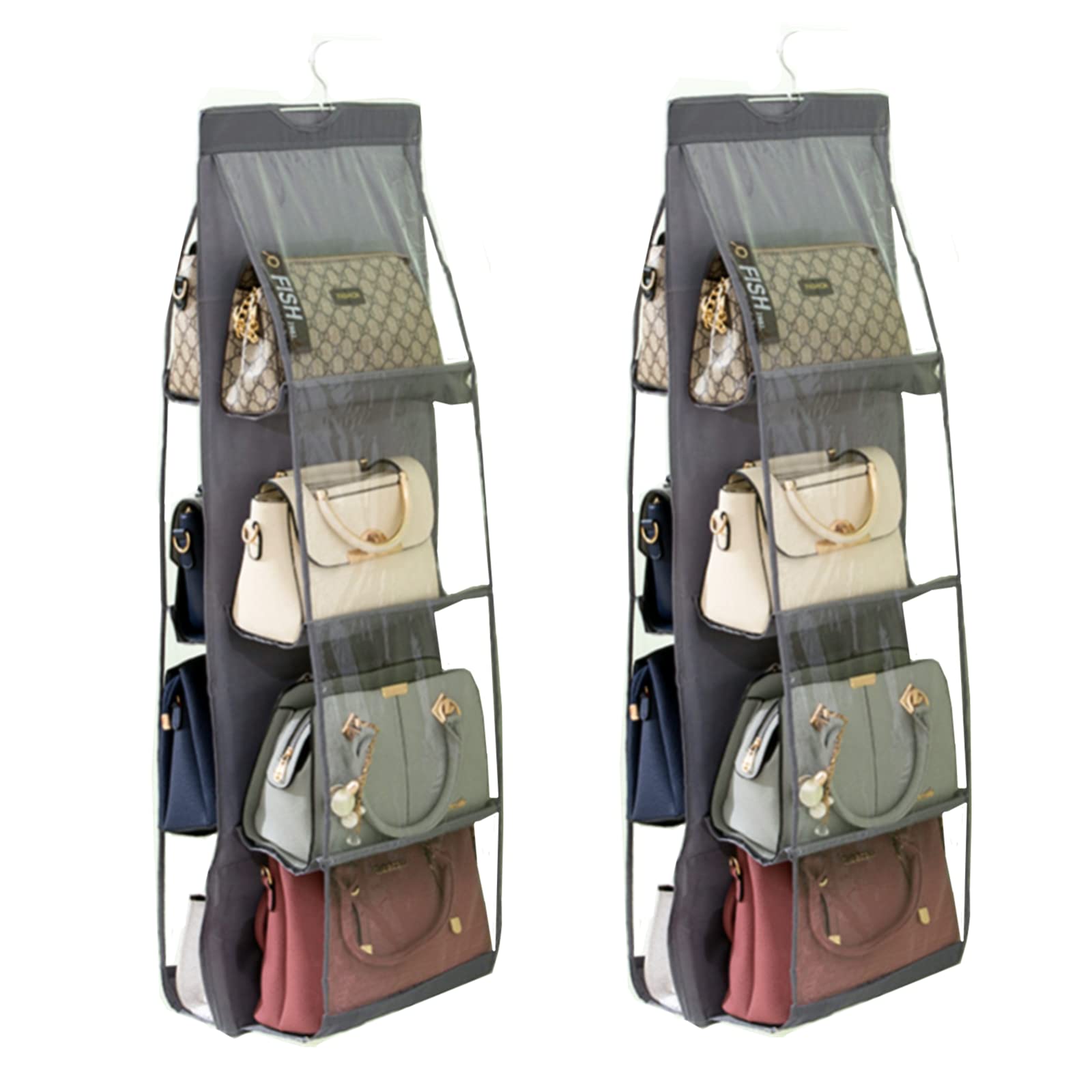 HAN SHENG 2 Pcs 8 Pockets Hanging Purse Handbag Organizer Clear Hanging Shelf Bag Collection Storage Holder Purse Bag Wardrobe Closet Space Saving Organizers (Grey)