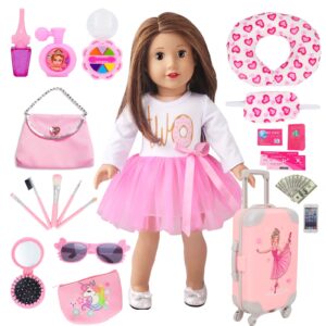 18 inch american doll clothes and accessories, travel play sets for 18 inch american doll stuff with doll clothes, bag, travel pillow, wallet and doll pretend makeup girl toys gifts