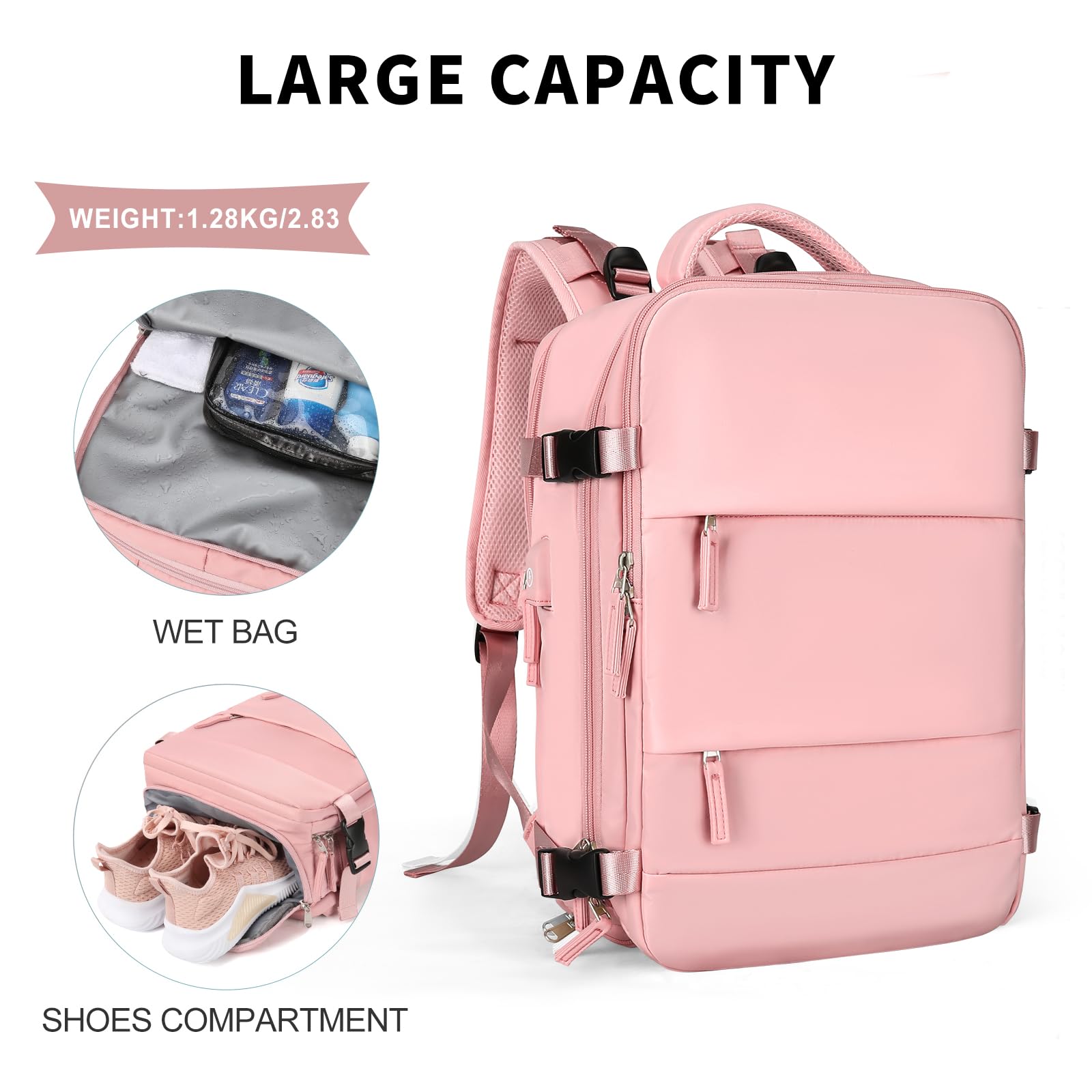 coowoz Large Travel Backpack For Women Men,Carry On Backpack Flight Approved,Hiking Backpack Waterproof Outdoor Sports Rucksack Casual Daypack Fit 15.6 Inch Laptop Shoes Compartment