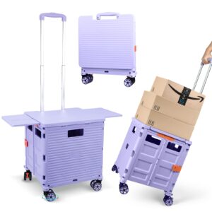 foldable utility cart folding portable rolling crate with magnetic extended lid,360°rotate wheels,176lbs load capacity,heavy duty durable dolly cart for teacher tourist shopping office outdoor purple