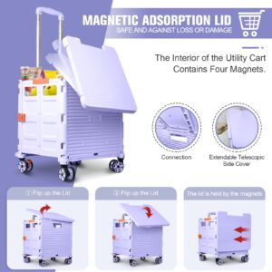 Foldable Utility Cart Folding Portable Rolling Crate with Magnetic Extended Lid,360°Rotate Wheels,176LBS Load Capacity,Heavy Duty Durable Dolly Cart for Teacher Tourist Shopping Office Outdoor Purple