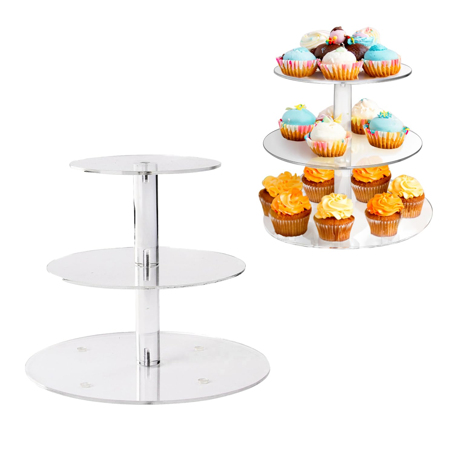 3 Tier Cupcake Stand Round Shape Acrylic Cupcake Tower Dessert Stand Holder Pastry Display Cookie Candy Buffet Stand for Wedding, Birthday, Party Decorative Supplies