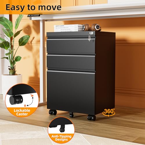INTERGREAT Rolling File Cabinet with Wheels, 3 Drawer Metal Mobile Filing Cabinet with Lock, Black Vertical File Cabinet Under Desk with Hanging Bars, Fully Assembled