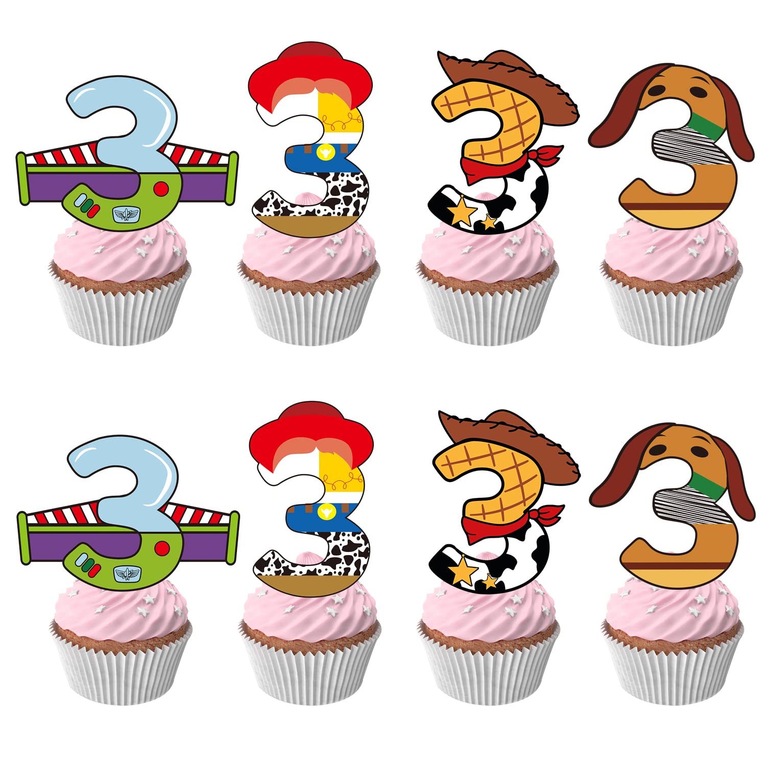 40pcs Cartoon Story Cupcake Toppers 3rd Birthday Decorations for Boys Girls 3rd Birthday Party Supplies