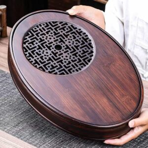 Oval Chinese Kungfu Bamboo Tea Tray Table Box with Water Storage for Gongfu Tea Set (Large)