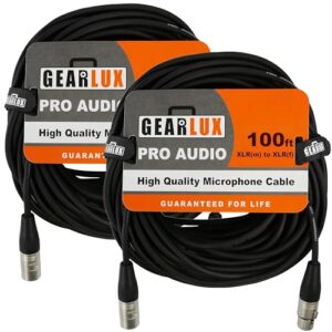 gearlux xlr microphone cable, fully balanced, male to female, black, 100 feet - 2 pack