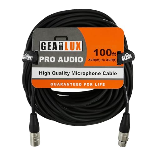 Gearlux XLR Microphone Cable, Fully Balanced, Male to Female, Black, 100 Feet - 2 Pack