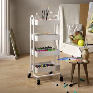 MIOCASA 4-Tier Metal Utility Rolling Cart, Heavy Duty Multifunction Cart with Lockable Casters, Easy to Assemble, Suitable for Office, Bathroom, Kitchen, Garden (White)