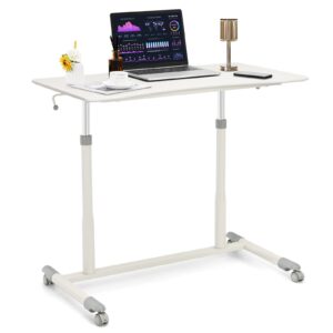 costway mobile height adjustable standing desk, compact pneumatic sit to stand computer desk w/lockable casters, ergonomic rolling laptop table w/steel frame for home office (white)