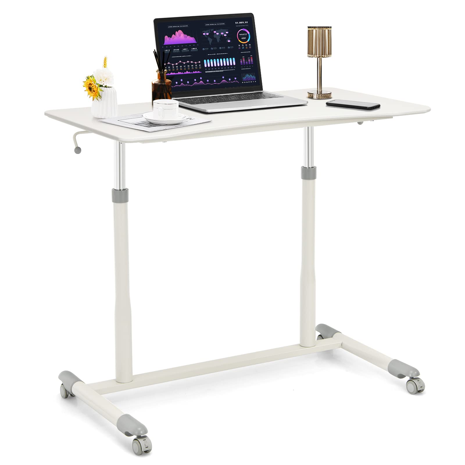 COSTWAY Mobile Height Adjustable Standing Desk, Compact Pneumatic Sit to Stand Computer Desk w/Lockable Casters, Ergonomic Rolling Laptop Table w/Steel Frame for Home Office (White)