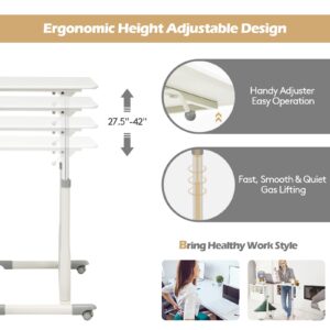 COSTWAY Mobile Height Adjustable Standing Desk, Compact Pneumatic Sit to Stand Computer Desk w/Lockable Casters, Ergonomic Rolling Laptop Table w/Steel Frame for Home Office (White)