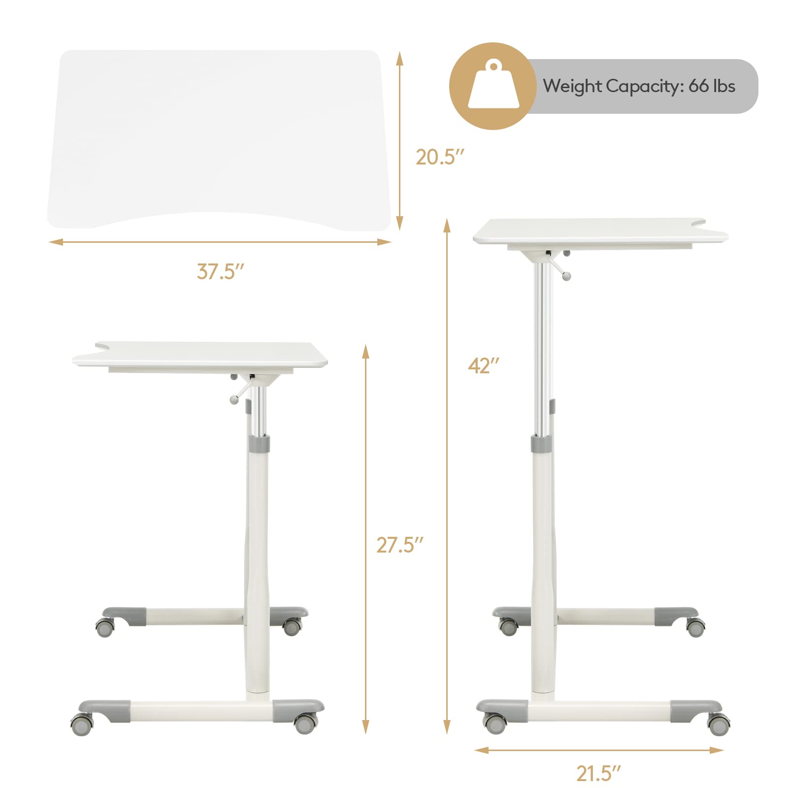 COSTWAY Mobile Height Adjustable Standing Desk, Compact Pneumatic Sit to Stand Computer Desk w/Lockable Casters, Ergonomic Rolling Laptop Table w/Steel Frame for Home Office (White)