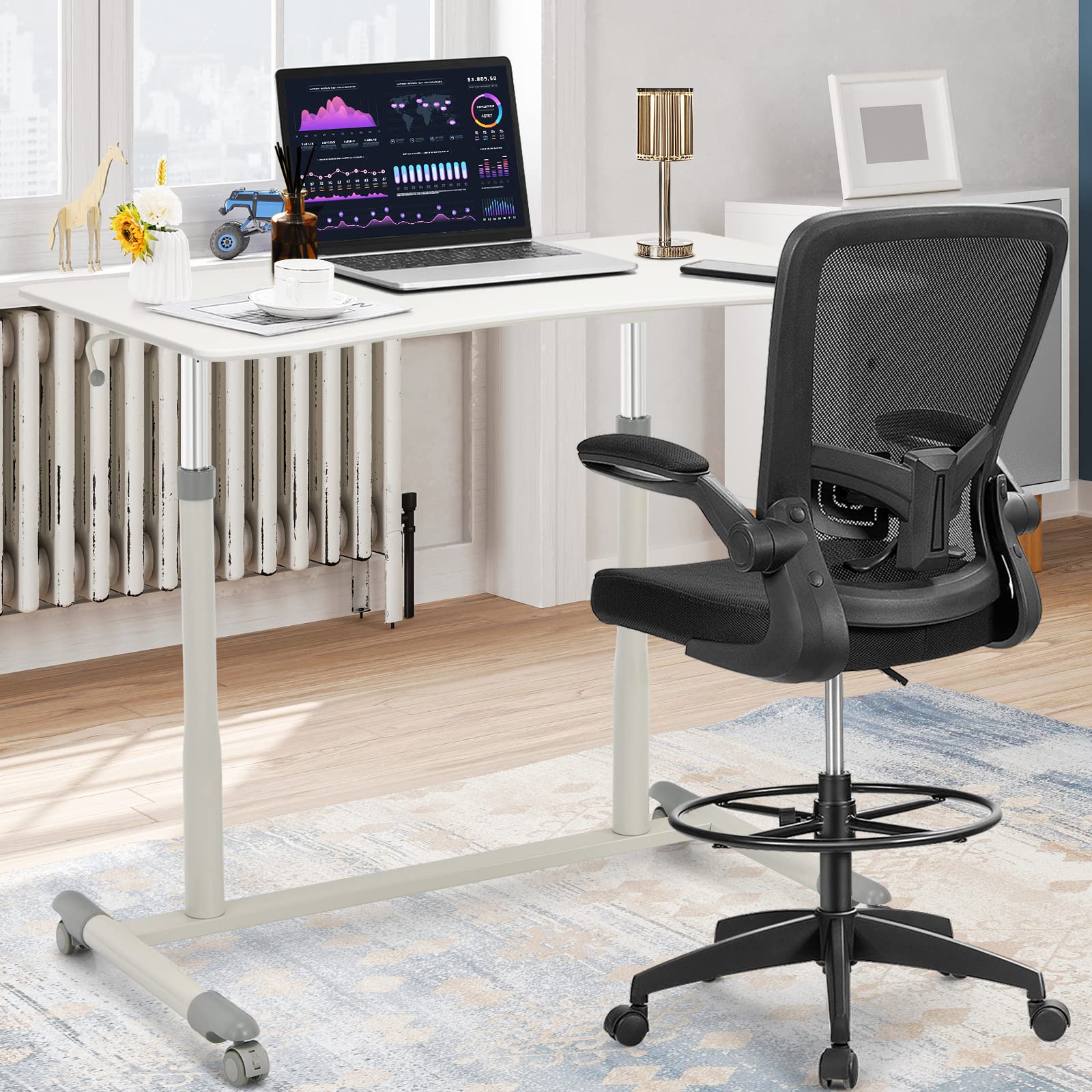 COSTWAY Mobile Height Adjustable Standing Desk, Compact Pneumatic Sit to Stand Computer Desk w/Lockable Casters, Ergonomic Rolling Laptop Table w/Steel Frame for Home Office (White)