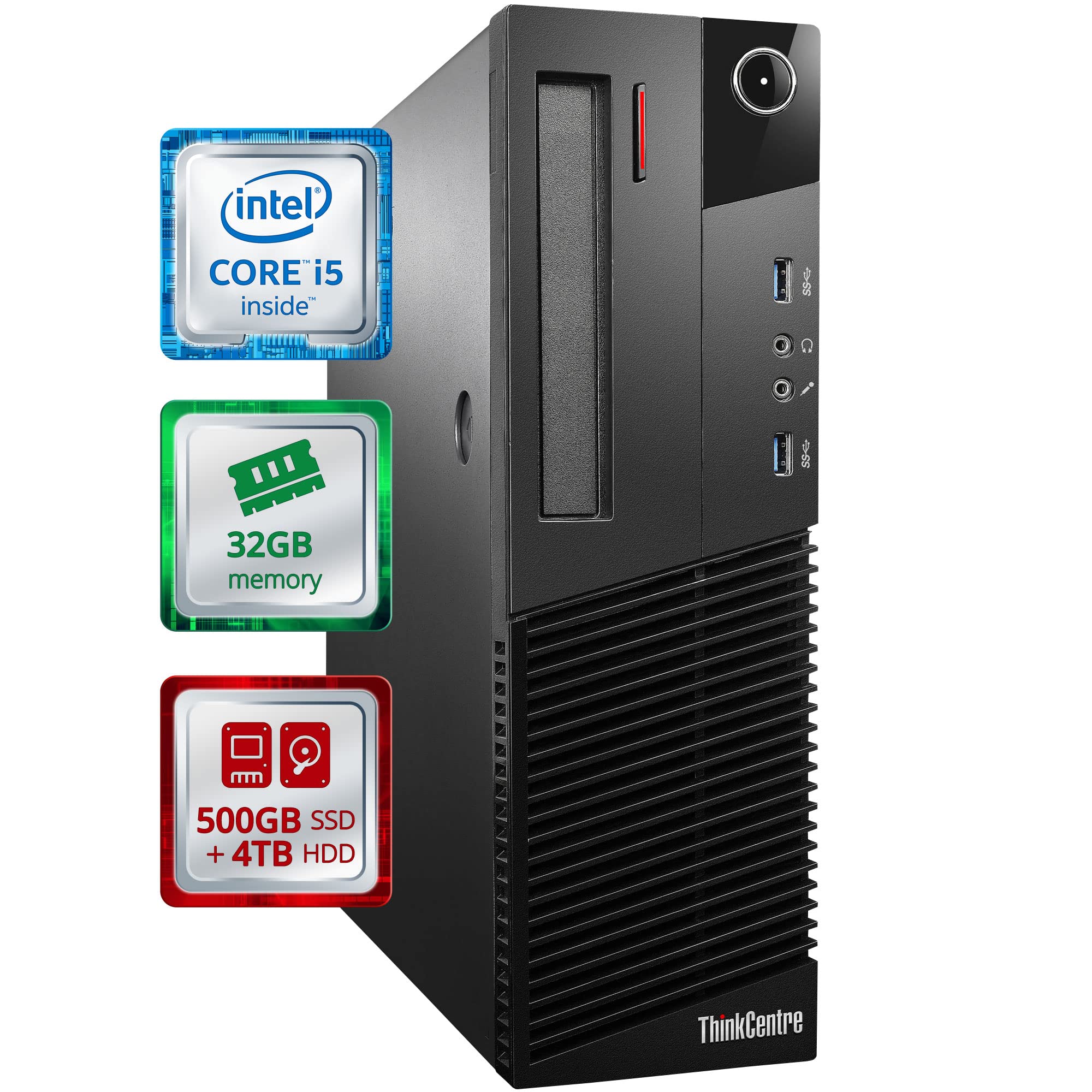 Lenovo Desktop Computer, Intel i5 Processor, 32GB RAM, 500GB SSD, 4TB HDD, WiFi, Bluetooth, USB 3.0, PS/2, Display Port, VGA, Audio, Ethernet, PCIe Slots, Windows 10 Pro