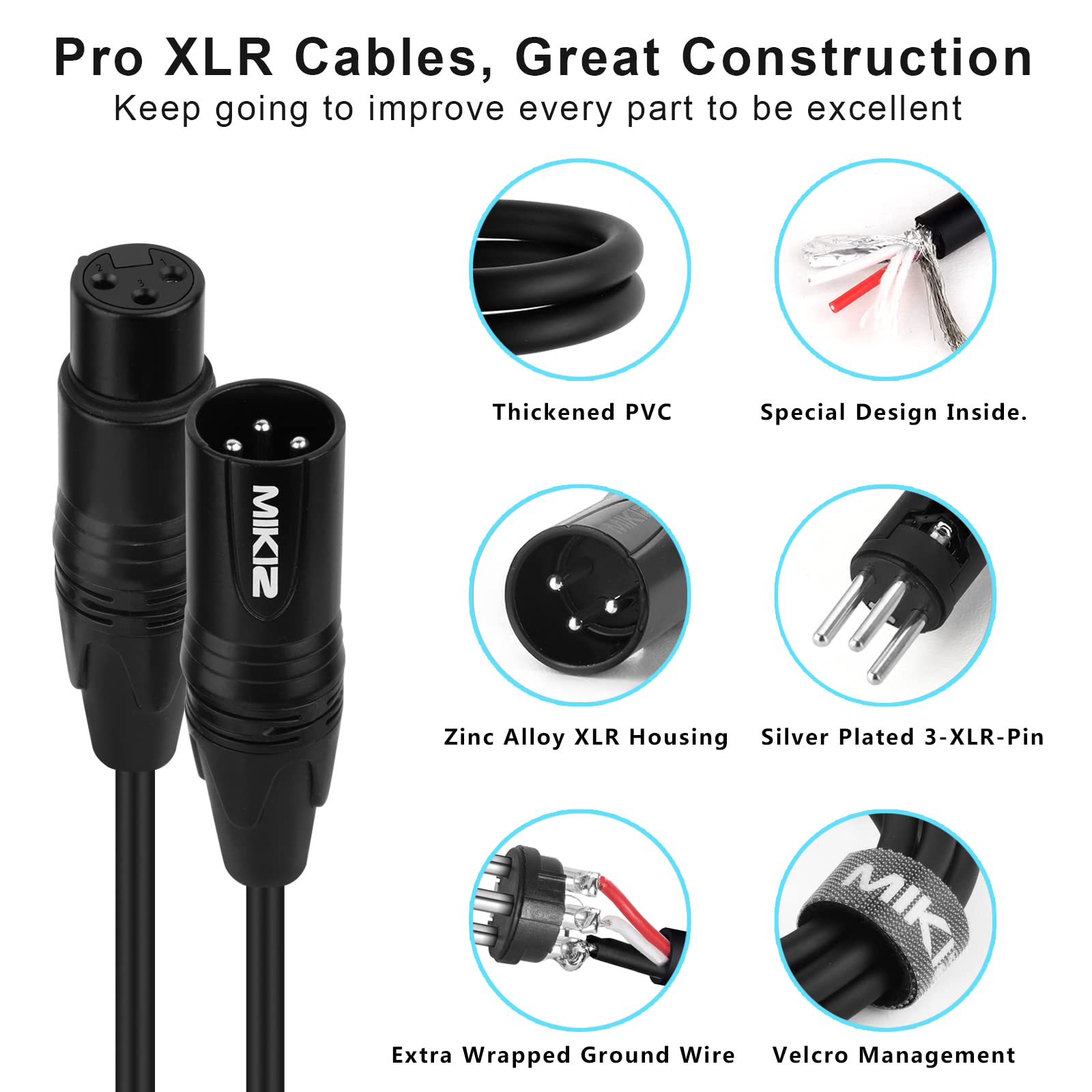 MIKIZ XLR Cables 100 ft 2 Pack Premium XLR Male to Female Microphone Cables for Speakers 100ft