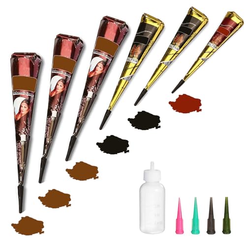 Temporary Tattoos Kit, 6Pcs Semi Permanent Tattoo Paste Cones, India Body DIY Art Painting for Women Men Kids, Summer Trend Freehand Plaste with 3 Colors,20Pcs Adhesive Stencil,1Pc Bottle,4Pcs Nozzles