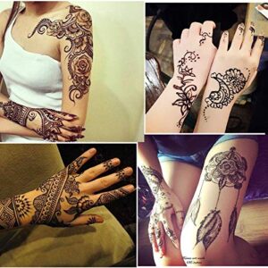 Temporary Tattoos Kit, 6Pcs Semi Permanent Tattoo Paste Cones, India Body DIY Art Painting for Women Men Kids, Summer Trend Freehand Plaste with 3 Colors,20Pcs Adhesive Stencil,1Pc Bottle,4Pcs Nozzles