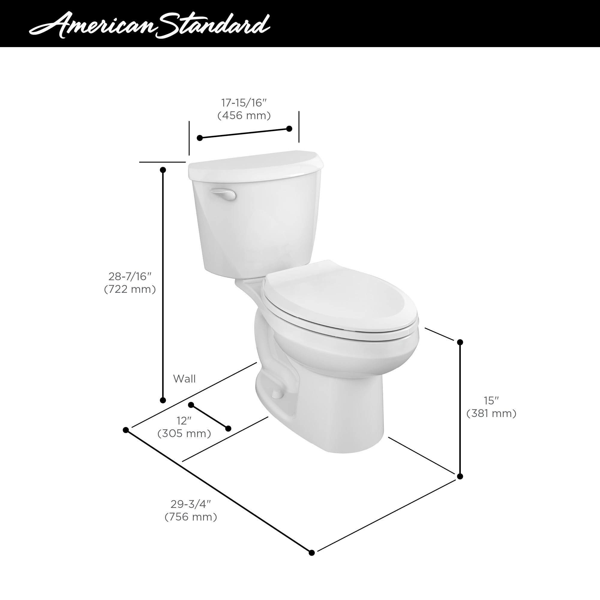 American Standard 250CA104.020 Colony 3 Two-Piece Toilet, Elongated Front, Standard Height, White, 1.28 gpf