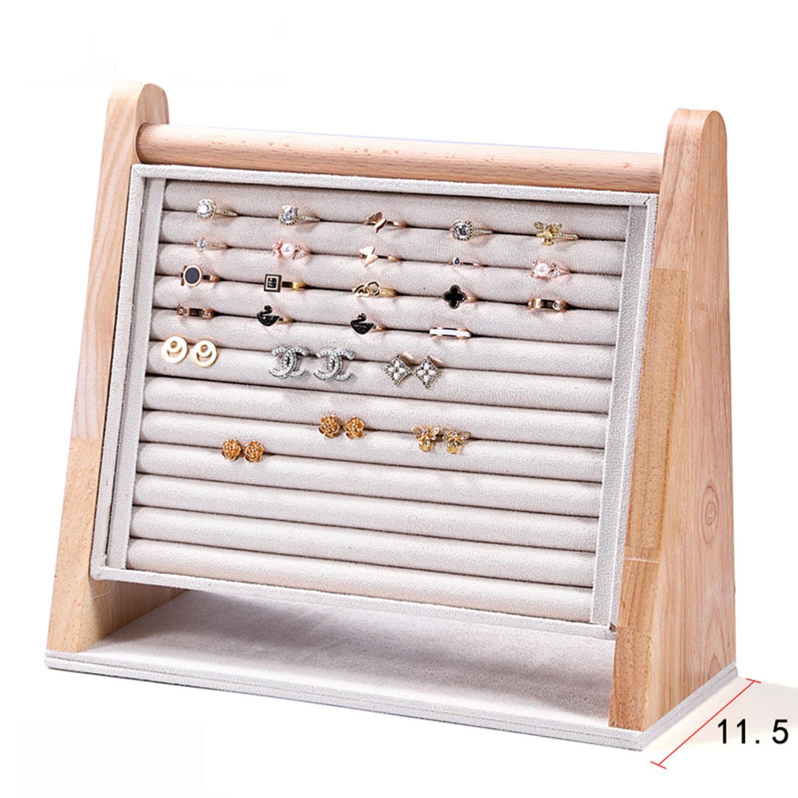 DYNWAVE Wooden Rings Display Stand Tray, 10 Slots Flannel Large Capacity Vertical Storage Holder for Studs Earrings Rings Show Retail Selling, Beige