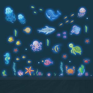 glow in the dark cute ocean wall decals, under the sea life fish animals stickers for nursery, removable living room bedroom bathroom decoration