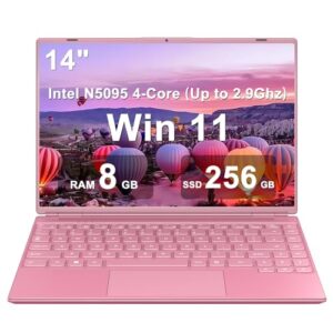 Ruzava/Aocwei 14" Laptop 8GB DDR4 256GB SSD Celeron Intel N5095 (Up to 2.9Ghz) 4-Core Win 11 PC with Cooling Fan 1920 * 1200 2K FHD Screen Dual WiFi Support 1TB SSD Expand for Game Work Study-Pink