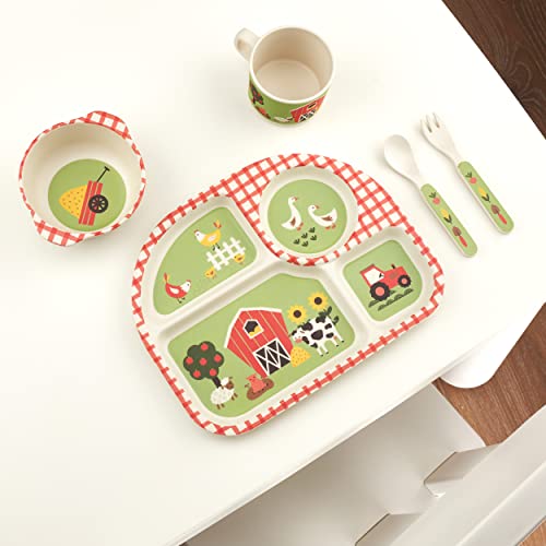 Funkins Eco-Friendly Bamboo Kids Dinnerware Set - Fun & Bright Non-Toxic Colors, BPA-Free, Dishwasher Safe, Divided Plate, Bowl, Cup, Fork, Spoon for Toddler Meals, Snacks (Farm)