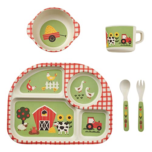 Funkins Eco-Friendly Bamboo Kids Dinnerware Set - Fun & Bright Non-Toxic Colors, BPA-Free, Dishwasher Safe, Divided Plate, Bowl, Cup, Fork, Spoon for Toddler Meals, Snacks (Farm)