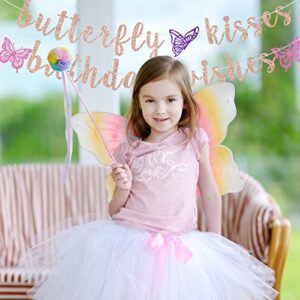 Butterfly Kisses Birthday Wishes Banner, Butterfly First Birthday Party Banner, Butterfly Birthday Party Decorations (Rose Gold)