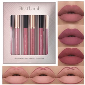 BestLand 6Pcs Matte Liquid Lipstick and Lip Liner Set, Non-Stick Cup Not Fade Waterproof Nude lipstick Makeup Kits Velvety Nude Lipliner Lip Gloss Make Up Gift Set (Set C)