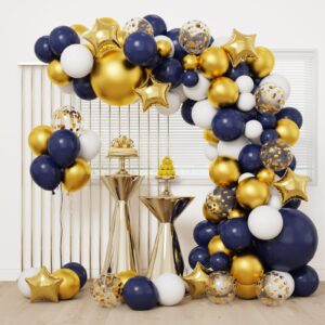 rubfac navy blue gold balloon garland arch kit, 167pcs royal blue gold white balloons with gold confetti balloons and star foil balloons for graduation birthday baby shower party supplies decorations