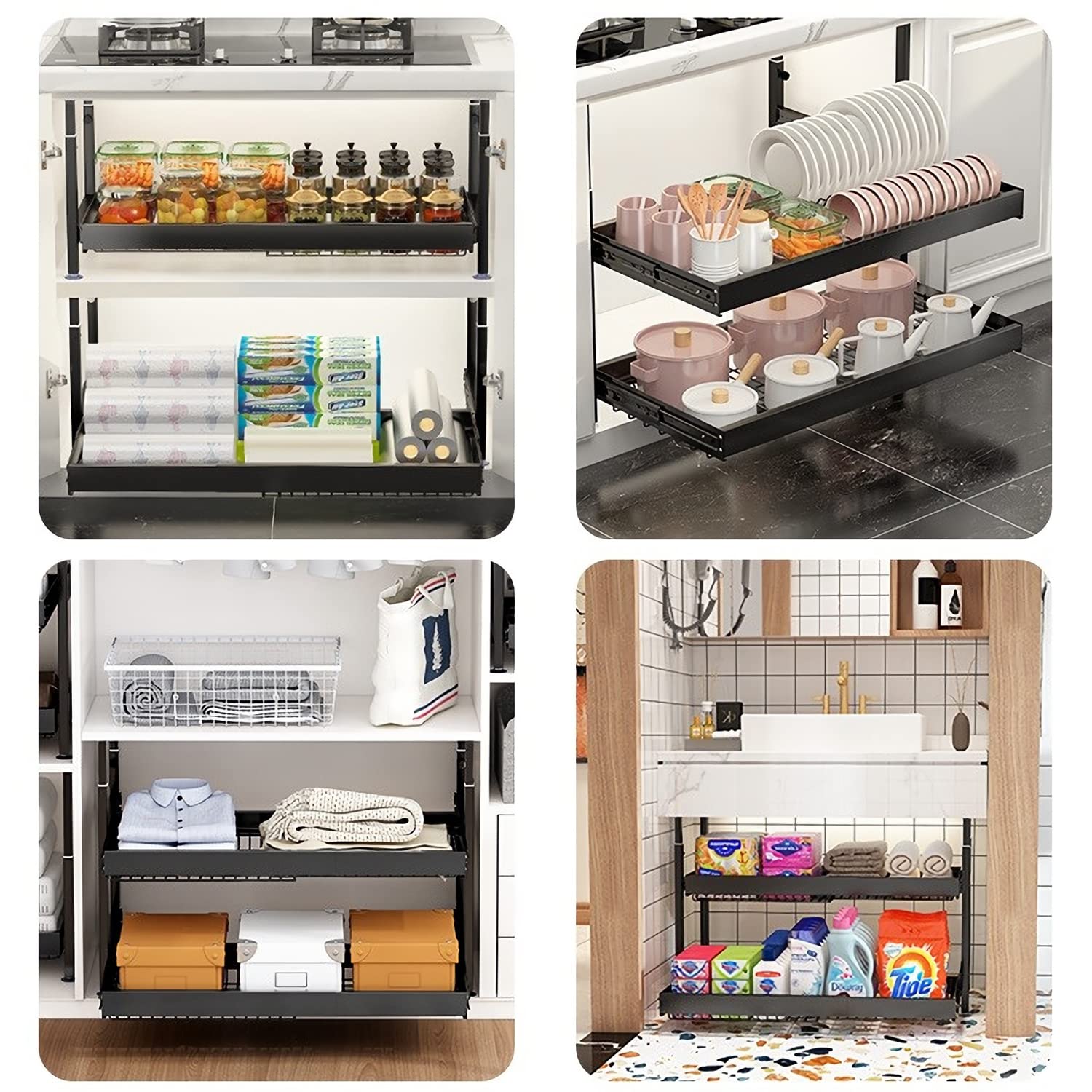 moapm Pull Out Cabinet Organizer Wire Basket Slide Out Cabinet Drawer 2 Tier Individual Storage Shelves Spice Rack Under Sink Organizers and Storage for Kitchen, Bathroom Double Layer